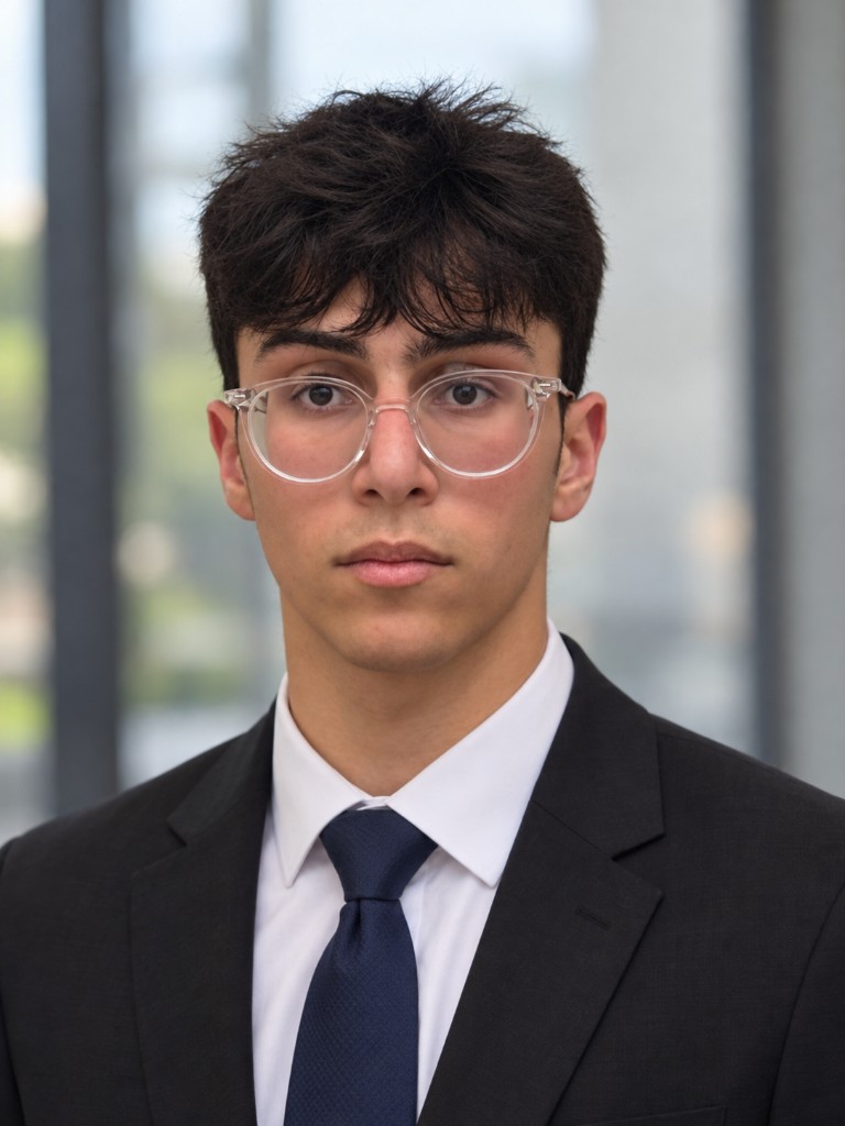 Portrait of Adam Babayev, HackBU organizer, in clear-framed glasses, a dark suit, and a navy tie.